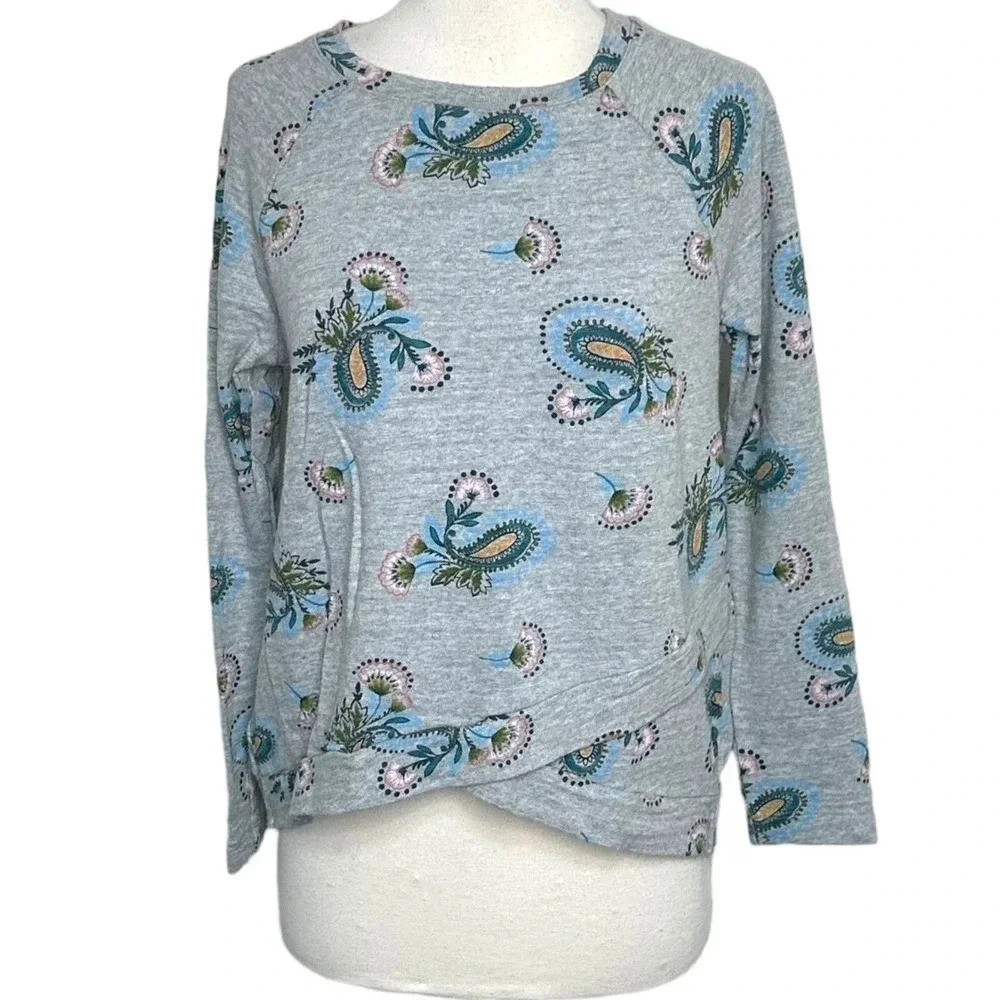 LOFT Top S Gray Paisley Floral Crossover Hem Raglan Long Sleeve Cotton Knit